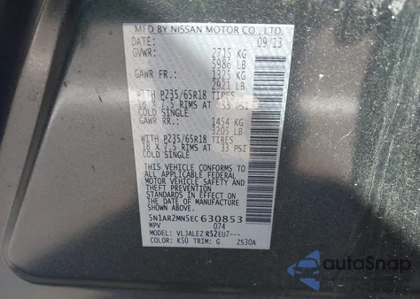 2014 Nissan Pathfinder Sv z USA, uszkodzony, nr VIN 5N1AR2MN5EC630853